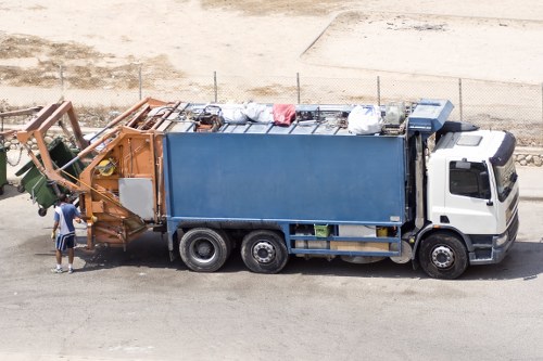 Images of different skip sizes and a crew preparing for removal
